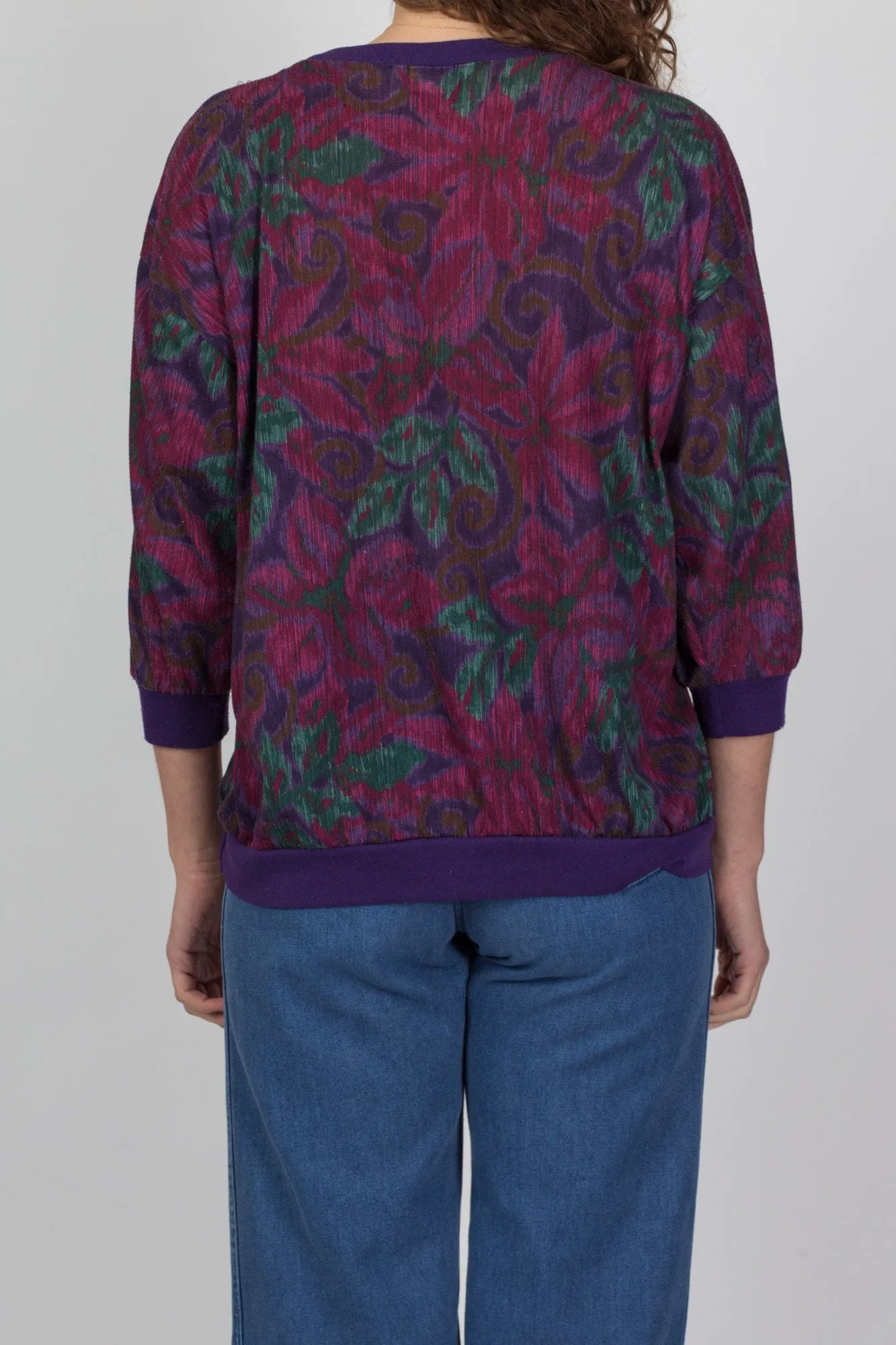 80s Purple Floral Print Shirt - Medium