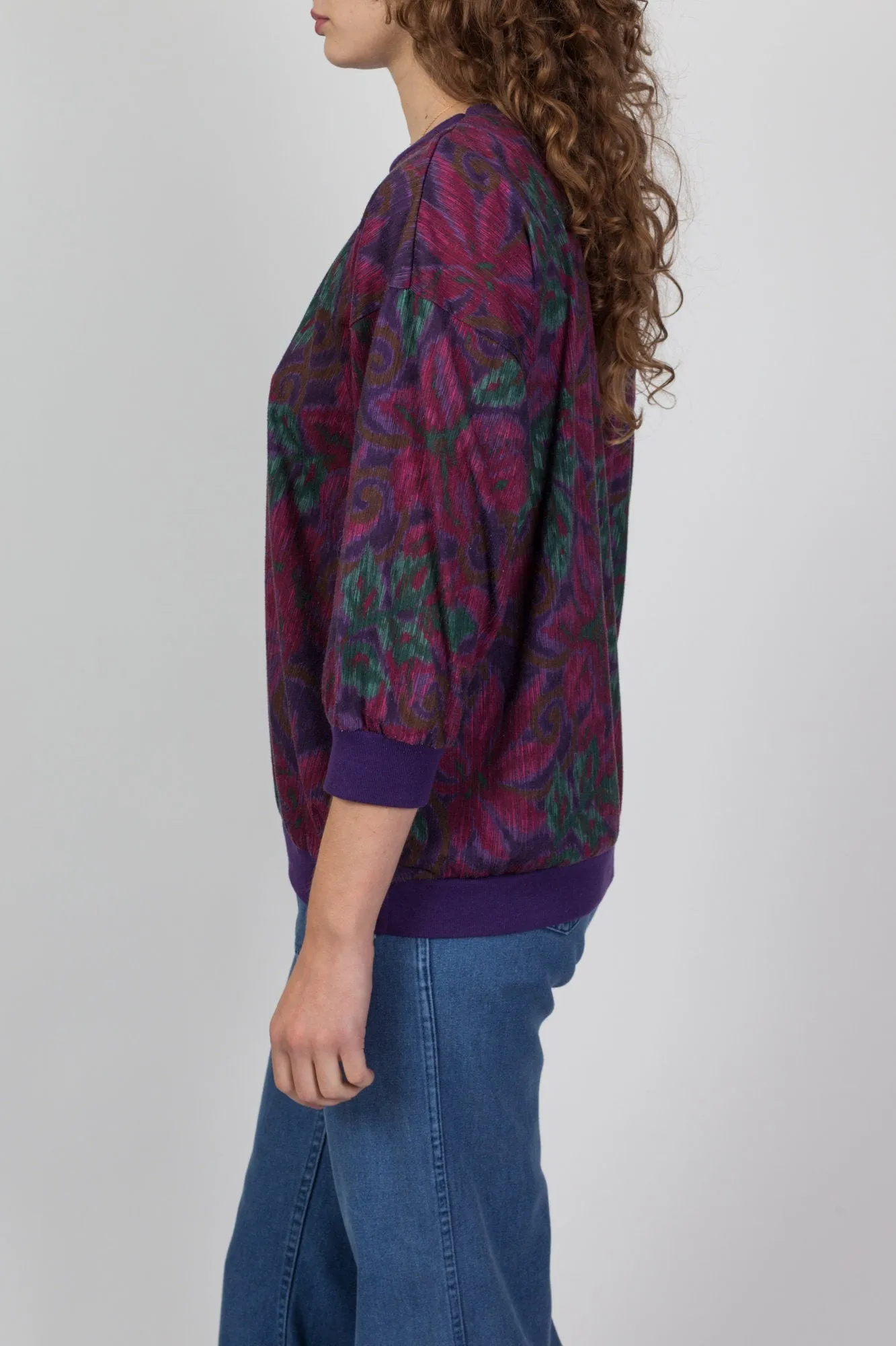 80s Purple Floral Print Shirt - Medium