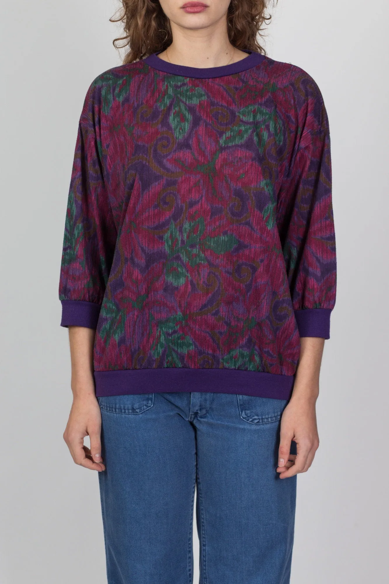80s Purple Floral Print Shirt - Medium