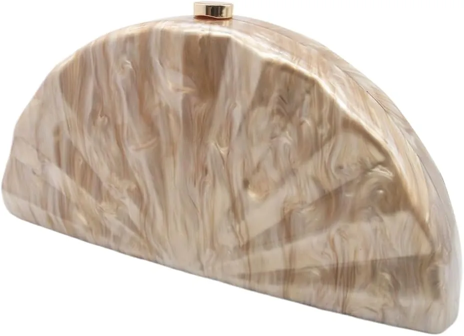 Acrylic Fan Shell Clutch Purse Elegant Marbled Unique Handbag with Detachable Chain for Party Cocktail Wedding
