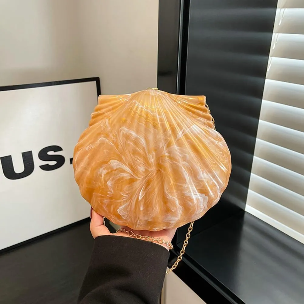 Acrylic Shell Shaped Clutch Women 2025 Trendy Luxury Marble Evening Handbag Unique Chain Shoulder Bag Wedding Party