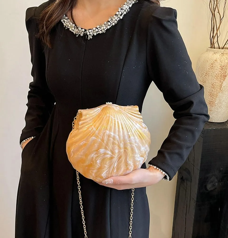 Acrylic Shell Shaped Clutch Women 2025 Trendy Luxury Marble Evening Handbag Unique Chain Shoulder Bag Wedding Party