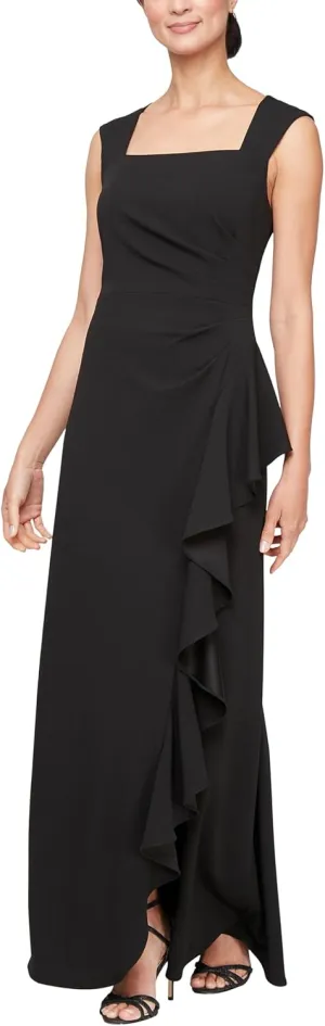 Alex Evenings Women's Long Cascade Ruffle Sleeveless Leg Slit, Mother of The Bride Dress, Elegant Party Gown