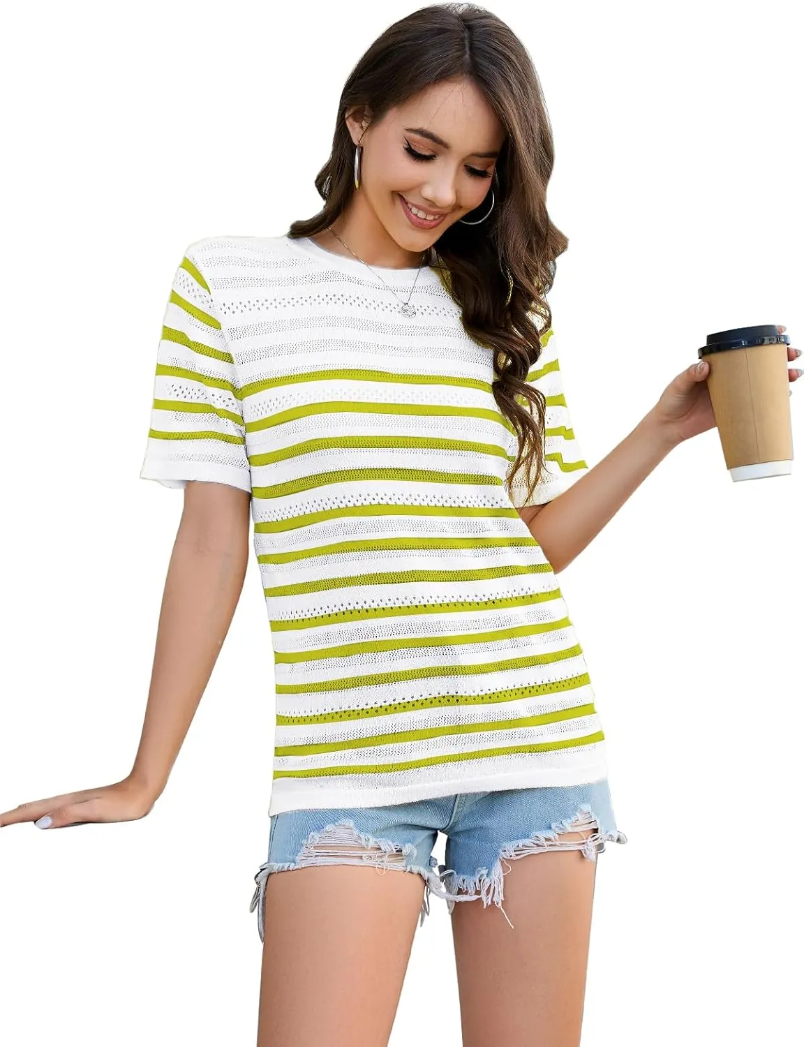 ANCAPELION Women's Short Sleeve Sweater Top Striped Knit Crew Neck Pullover for Summer Trendy Shirts