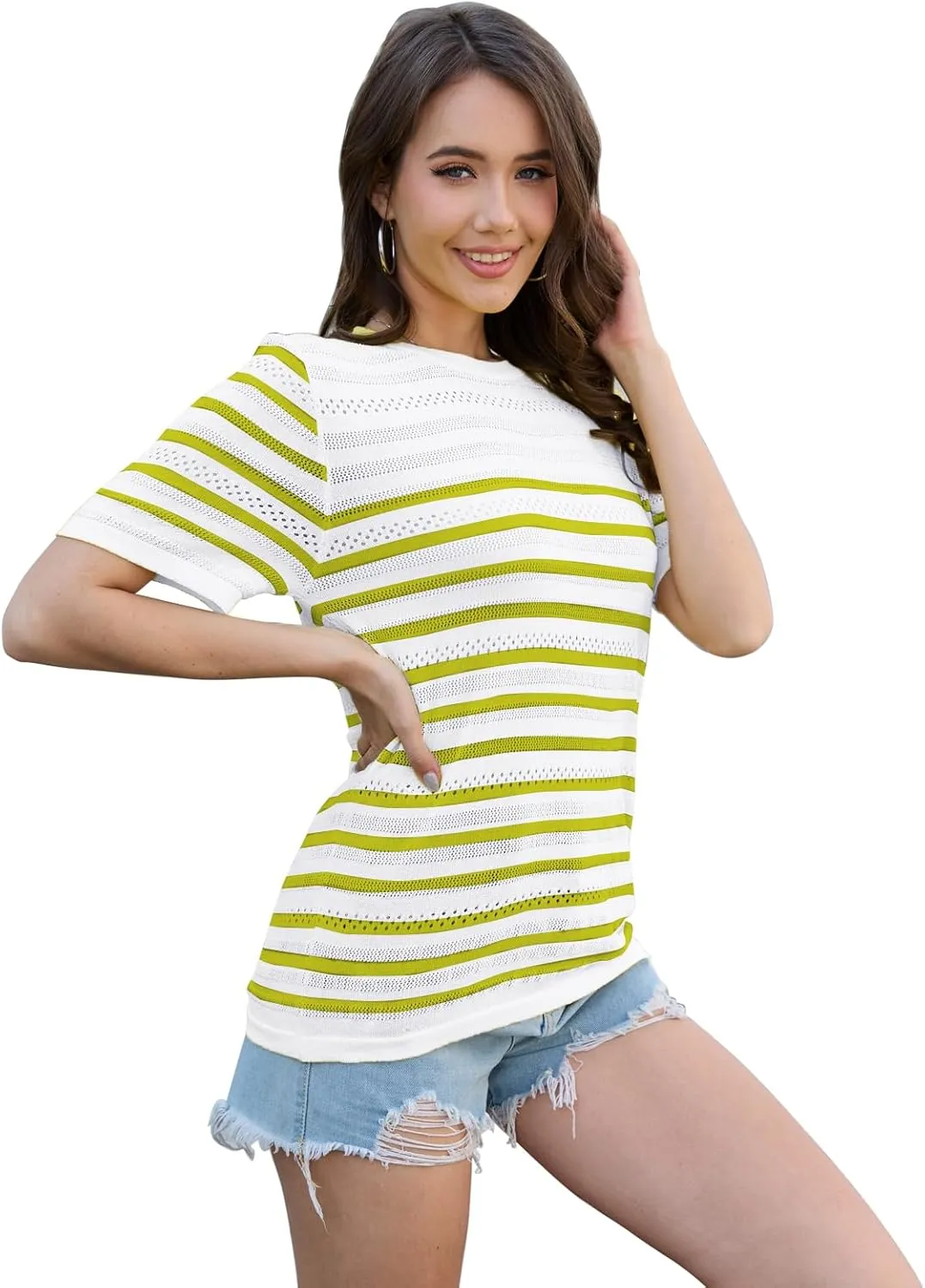 ANCAPELION Women's Short Sleeve Sweater Top Striped Knit Crew Neck Pullover for Summer Trendy Shirts