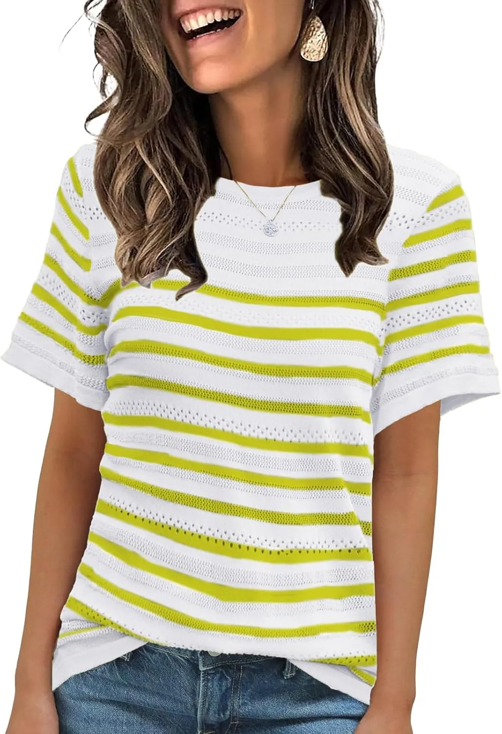 ANCAPELION Women's Short Sleeve Sweater Top Striped Knit Crew Neck Pullover for Summer Trendy Shirts