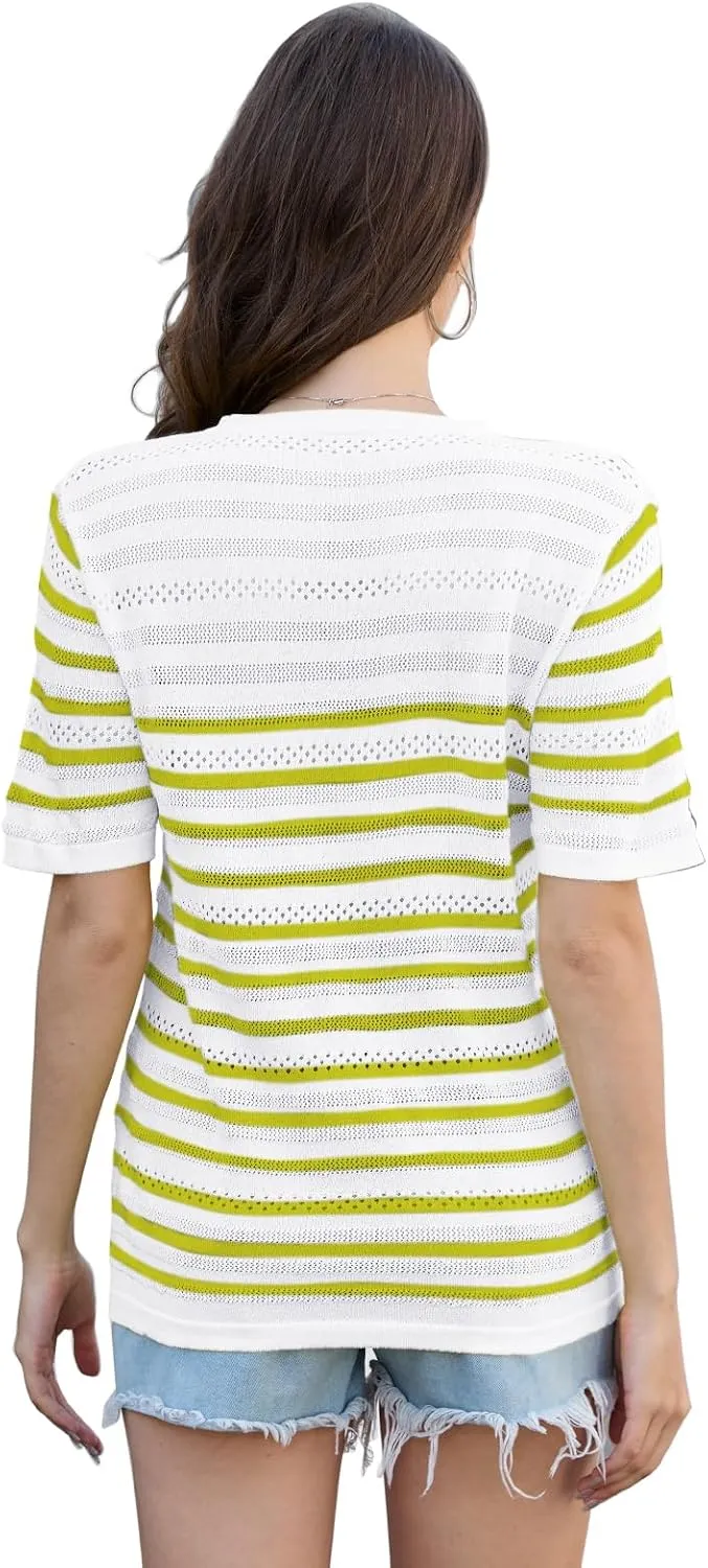 ANCAPELION Women's Short Sleeve Sweater Top Striped Knit Crew Neck Pullover for Summer Trendy Shirts