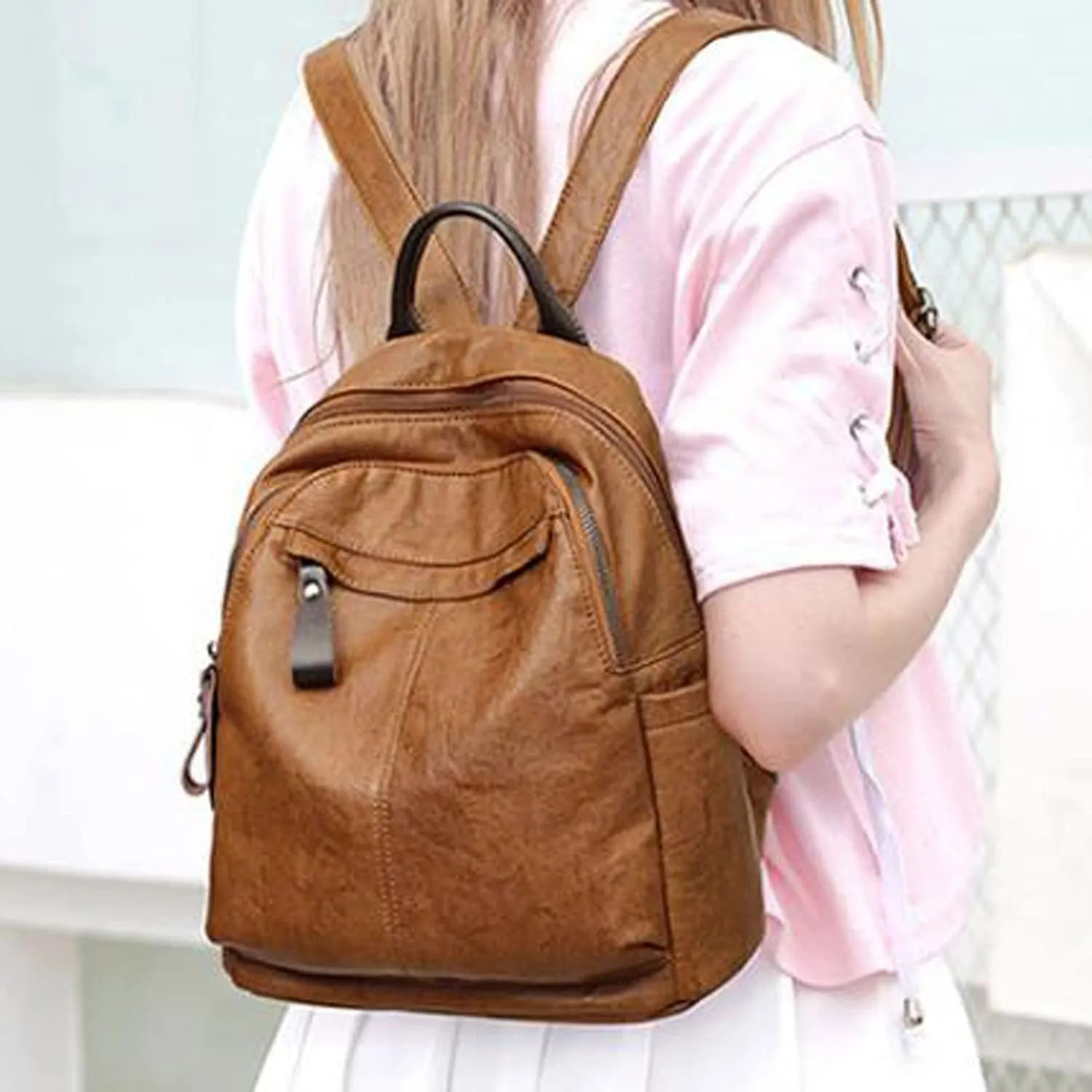 Backpack for women Women's Casual Bags Soft Leather Simple Travel Large-capacity (Brown)