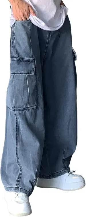 Baggy Cargo Jeans for Men Y2K Vintage Straight Wide Leg Aesthetic Clothes 90s Hip Hop Streetwear Trousers