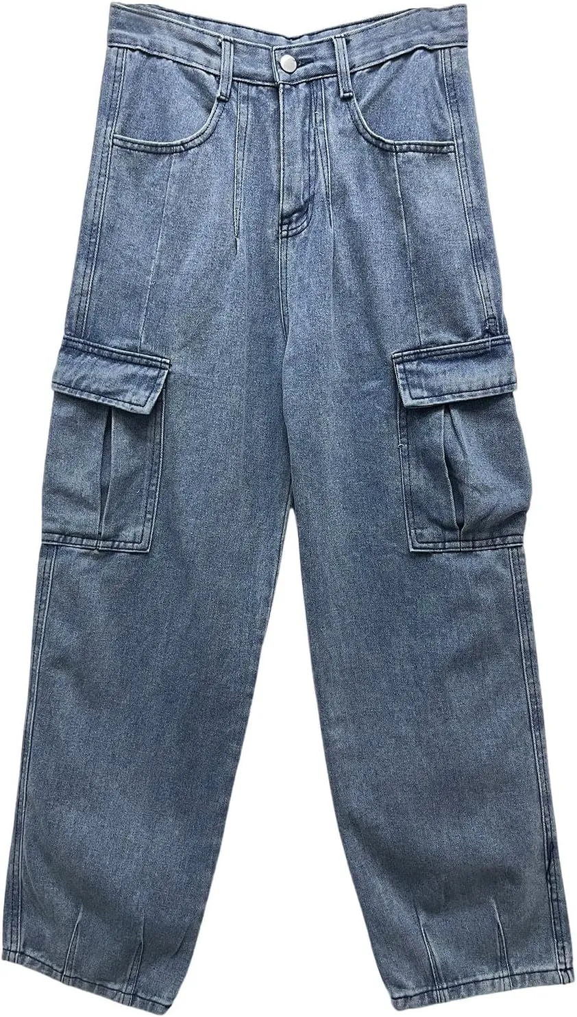 Baggy Cargo Jeans for Men Y2K Vintage Straight Wide Leg Aesthetic Clothes 90s Hip Hop Streetwear Trousers
