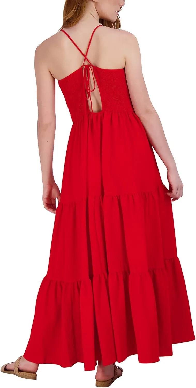 BCBGeneration Women's Fit and Flare Spaghetti Strap Halter Neck Tie Back Smocked Bodice Tiered Skirt Maxi Dress