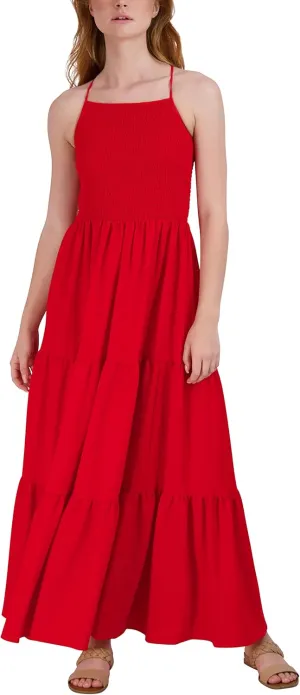 BCBGeneration Women's Fit and Flare Spaghetti Strap Halter Neck Tie Back Smocked Bodice Tiered Skirt Maxi Dress