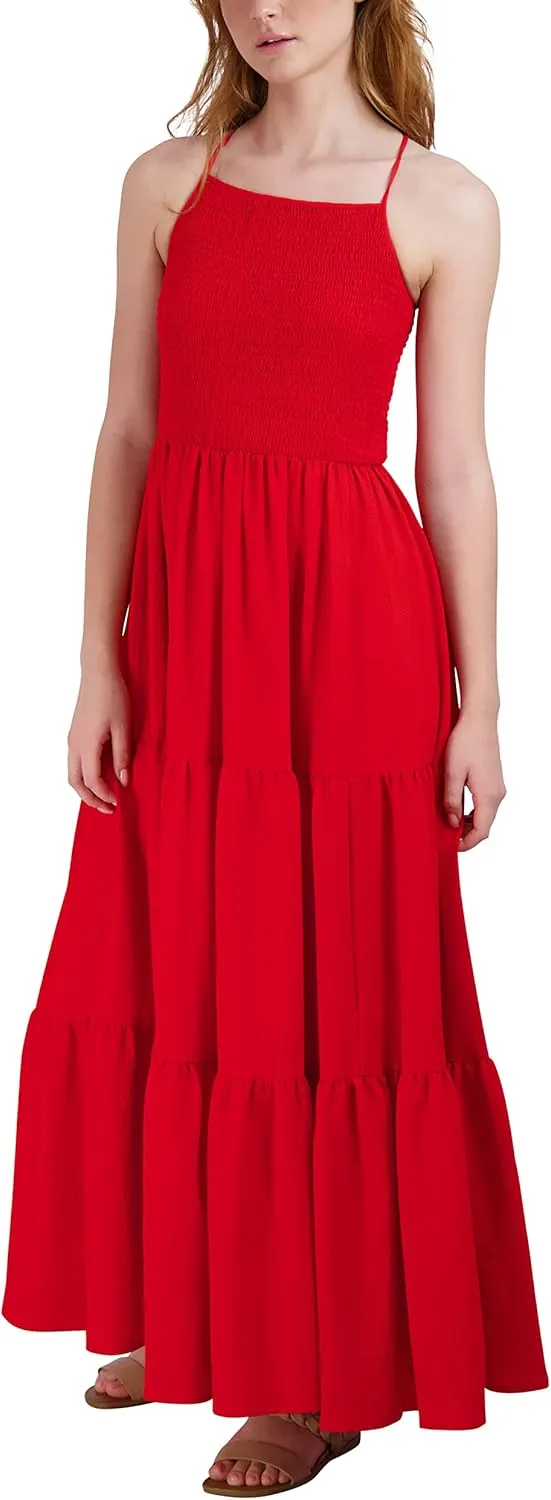 BCBGeneration Women's Fit and Flare Spaghetti Strap Halter Neck Tie Back Smocked Bodice Tiered Skirt Maxi Dress