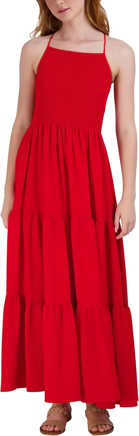 BCBGeneration Women's Fit and Flare Spaghetti Strap Halter Neck Tie Back Smocked Bodice Tiered Skirt Maxi Dress
