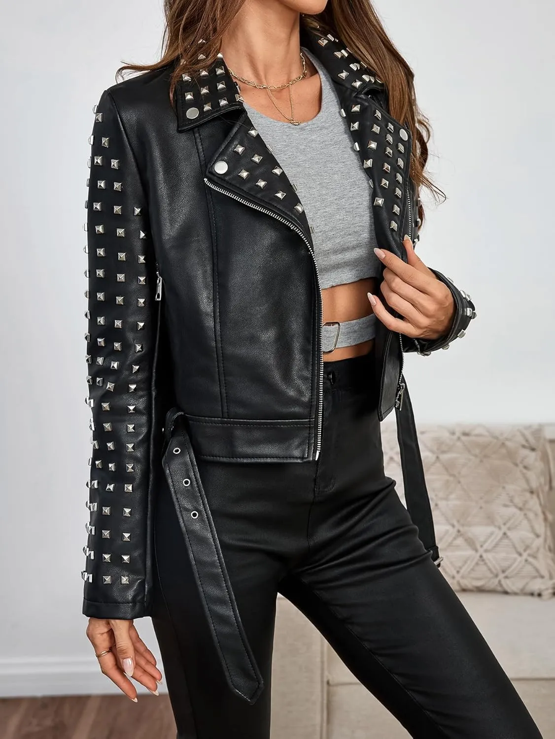 Bellivera Women's Faux Leather Jacket Studded Rivet Casual Short Moto Biker Stand Collar Coat