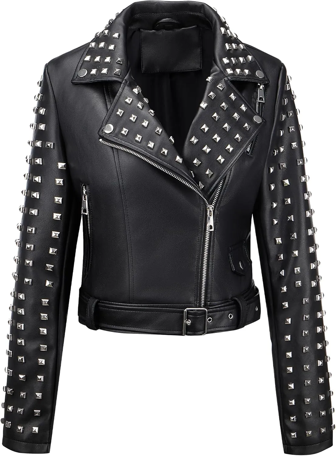 Bellivera Women's Faux Leather Jacket Studded Rivet Casual Short Moto Biker Stand Collar Coat
