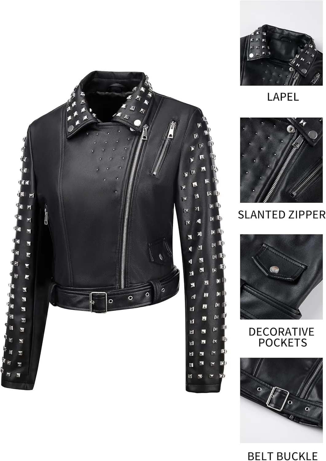 Bellivera Women's Faux Leather Jacket Studded Rivet Casual Short Moto Biker Stand Collar Coat