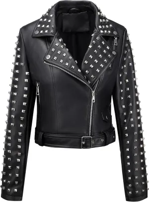 Bellivera Women's Faux Leather Jacket Studded Rivet Casual Short Moto Biker Stand Collar Coat