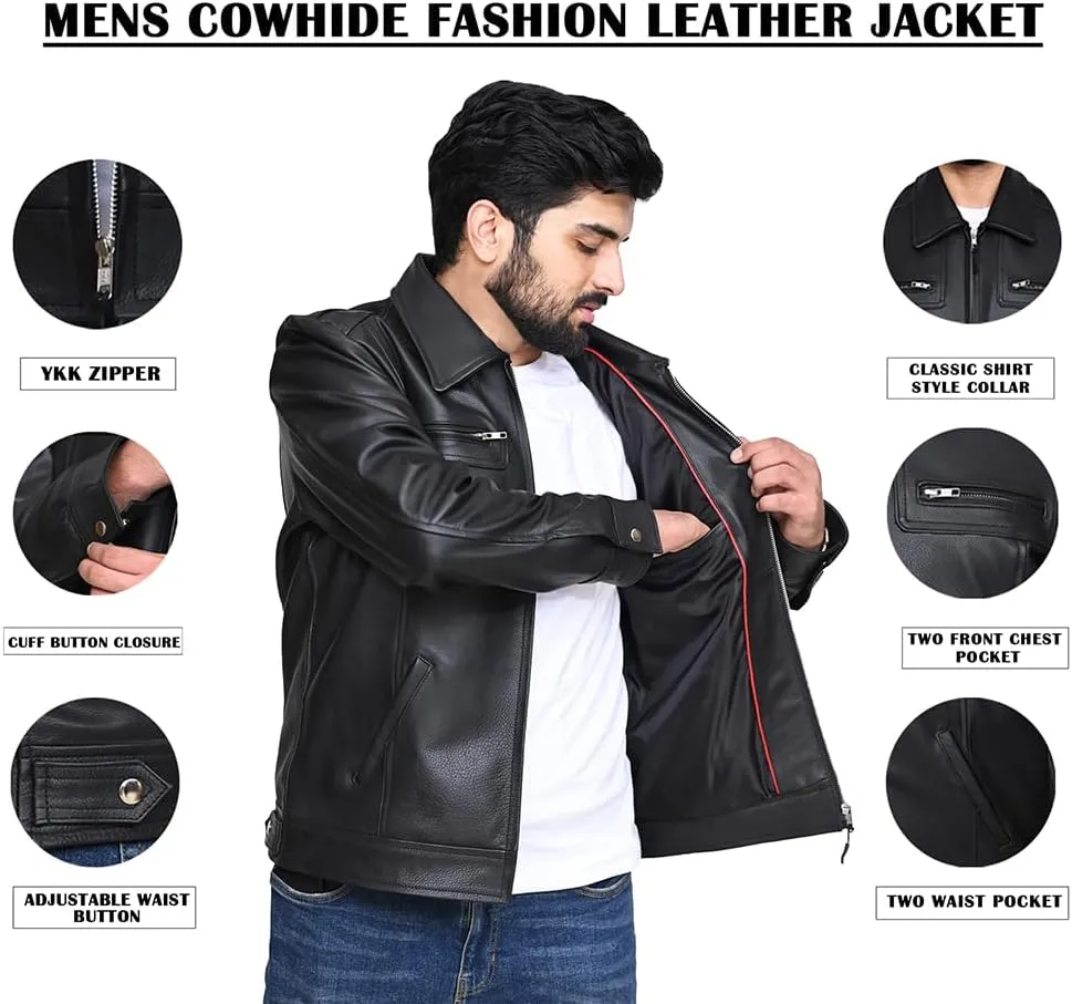 Black Genuine Cowhide Casual Leather Jacket for Men | Classic Style Jacket with a Clean Subtle Look
