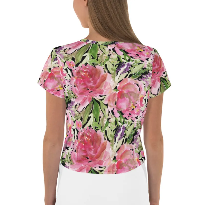 Black Rose Crop Tee, Floral Flower Print Women's Short Cute Crop T-shirt - Made in USA/EU