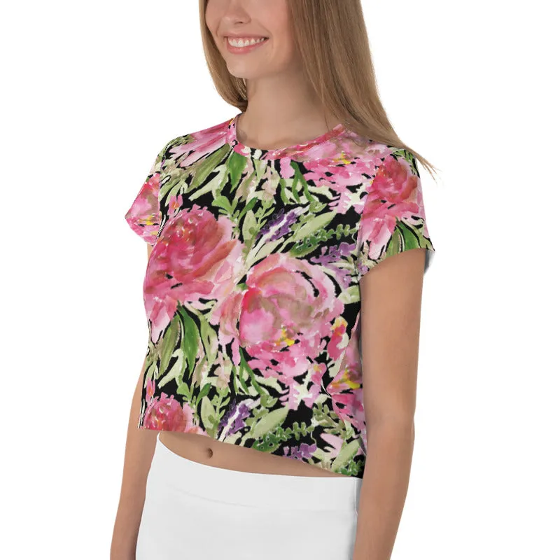 Black Rose Crop Tee, Floral Flower Print Women's Short Cute Crop T-shirt - Made in USA/EU