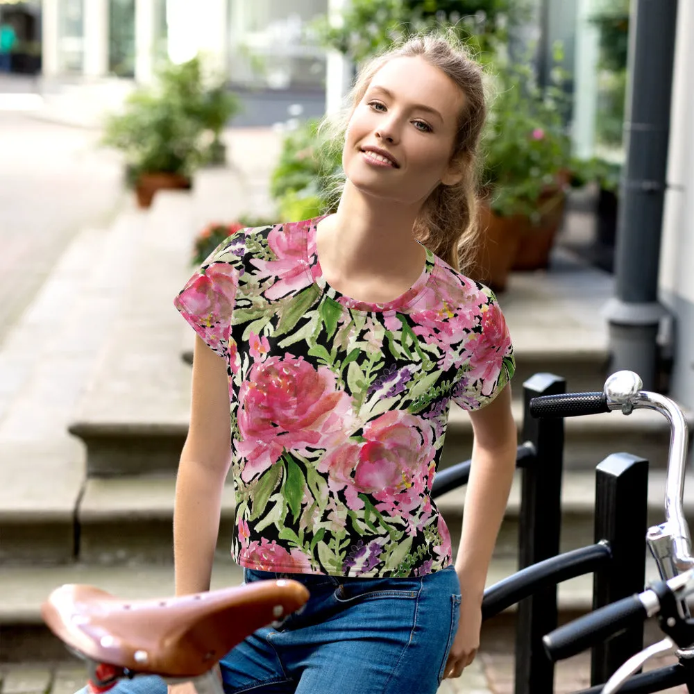 Black Rose Crop Tee, Floral Flower Print Women's Short Cute Crop T-shirt - Made in USA/EU