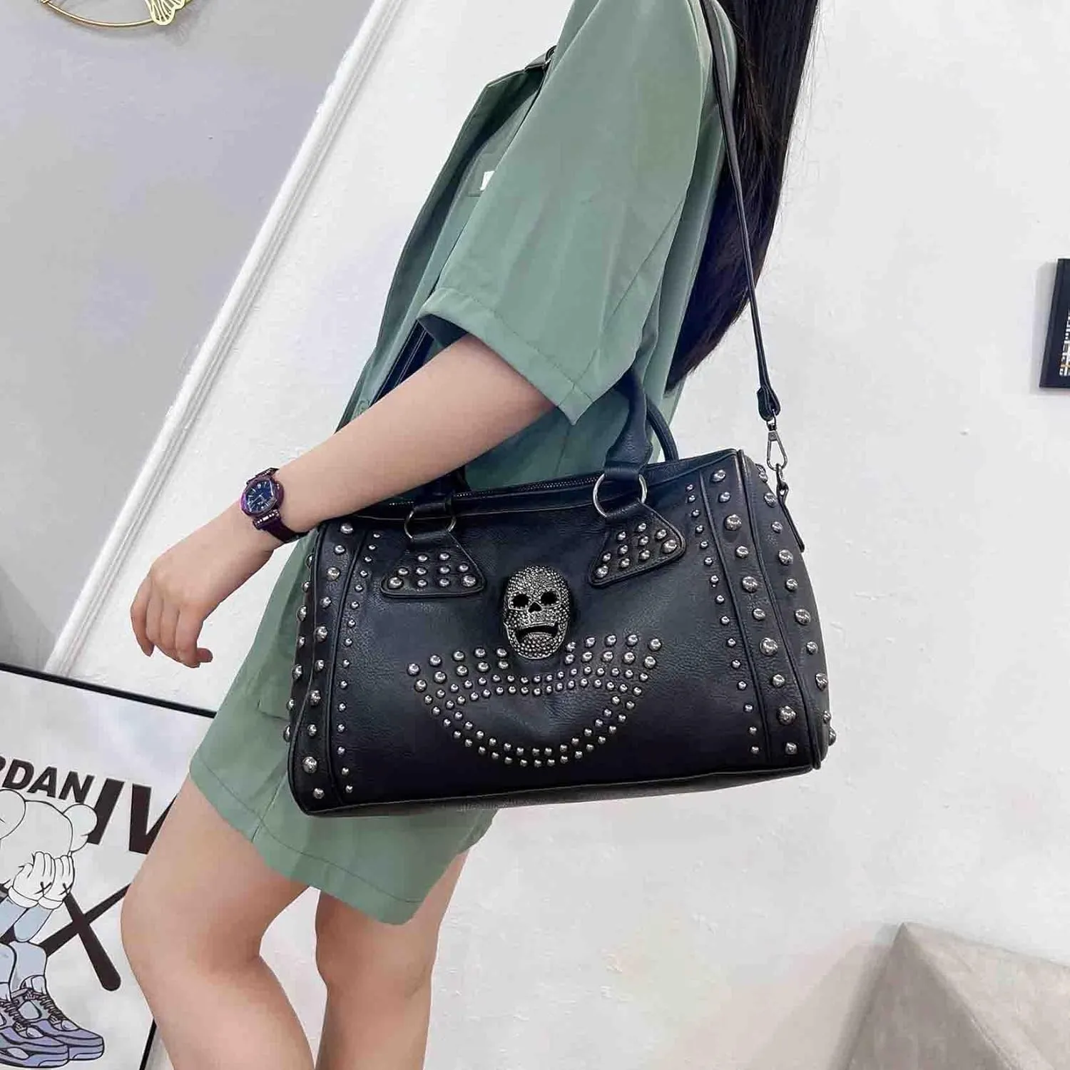 BXCNCKD Women Skull Handbag Backpack Large Capacity Gothic Shoulder Bag Studded Doctor Handbag Backpack (FA1102)