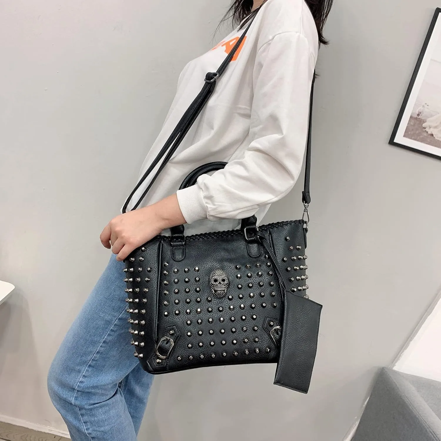 BXCNCKD Women Skull Handbag Backpack Large Capacity Gothic Shoulder Bag Studded Doctor Handbag Backpack (FA1103)