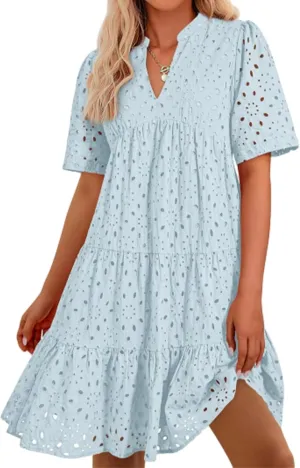 Casual Eyelet Dress for Women,Hollow Out Ruffle Casual Mini,Women Summer Ruffle Hem Floral Eyelets Dresses