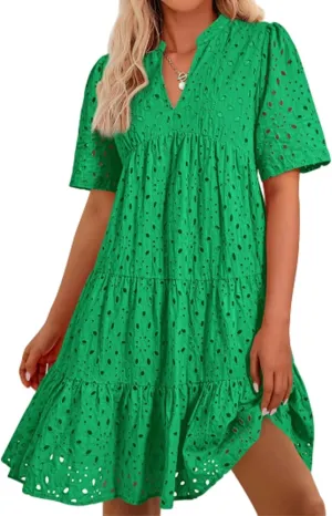Casual Eyelet Dress for Women,Hollow Out Ruffle Casual Mini,Women Summer Ruffle Hem Floral Eyelets Dresses