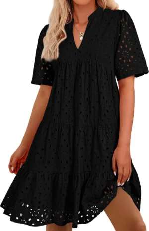 Casual Eyelet Dress for Women,Hollow Out Ruffle Casual Mini,Women Summer Ruffle Hem Floral Eyelets Dresses