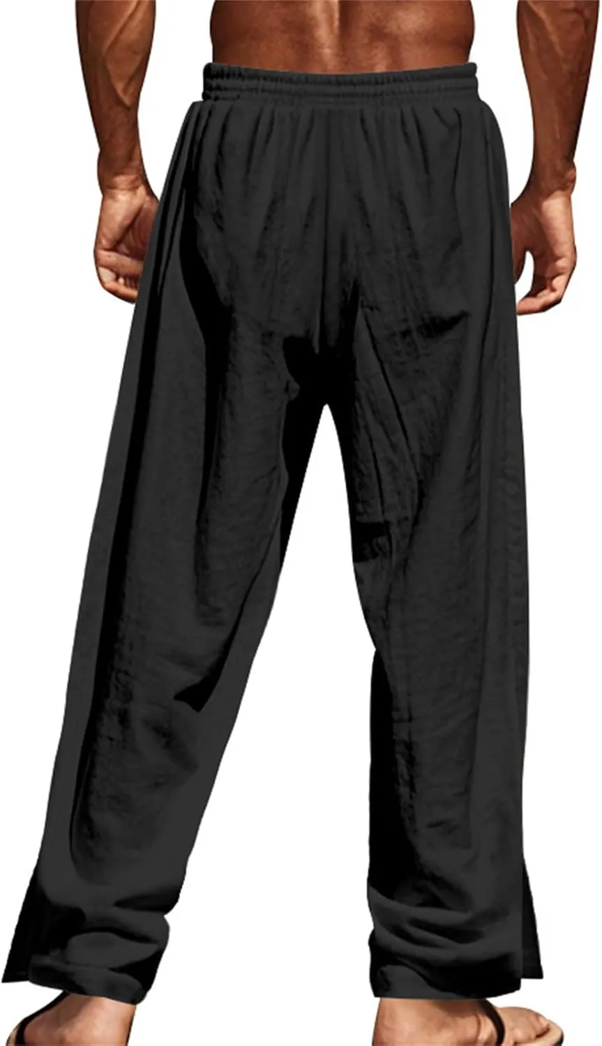 Casual Linen Pants for Men Side Button Elastic Waist Trousers Drawstring Open Bottom Pants Summer Baggy Thin Trousers