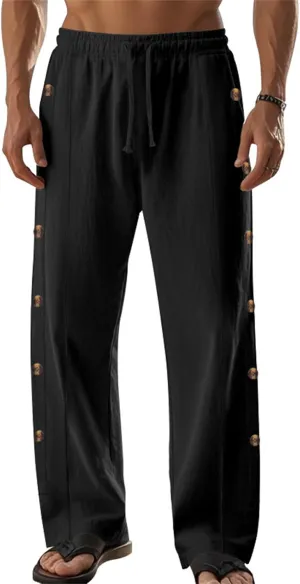 Casual Linen Pants for Men Side Button Elastic Waist Trousers Drawstring Open Bottom Pants Summer Baggy Thin Trousers