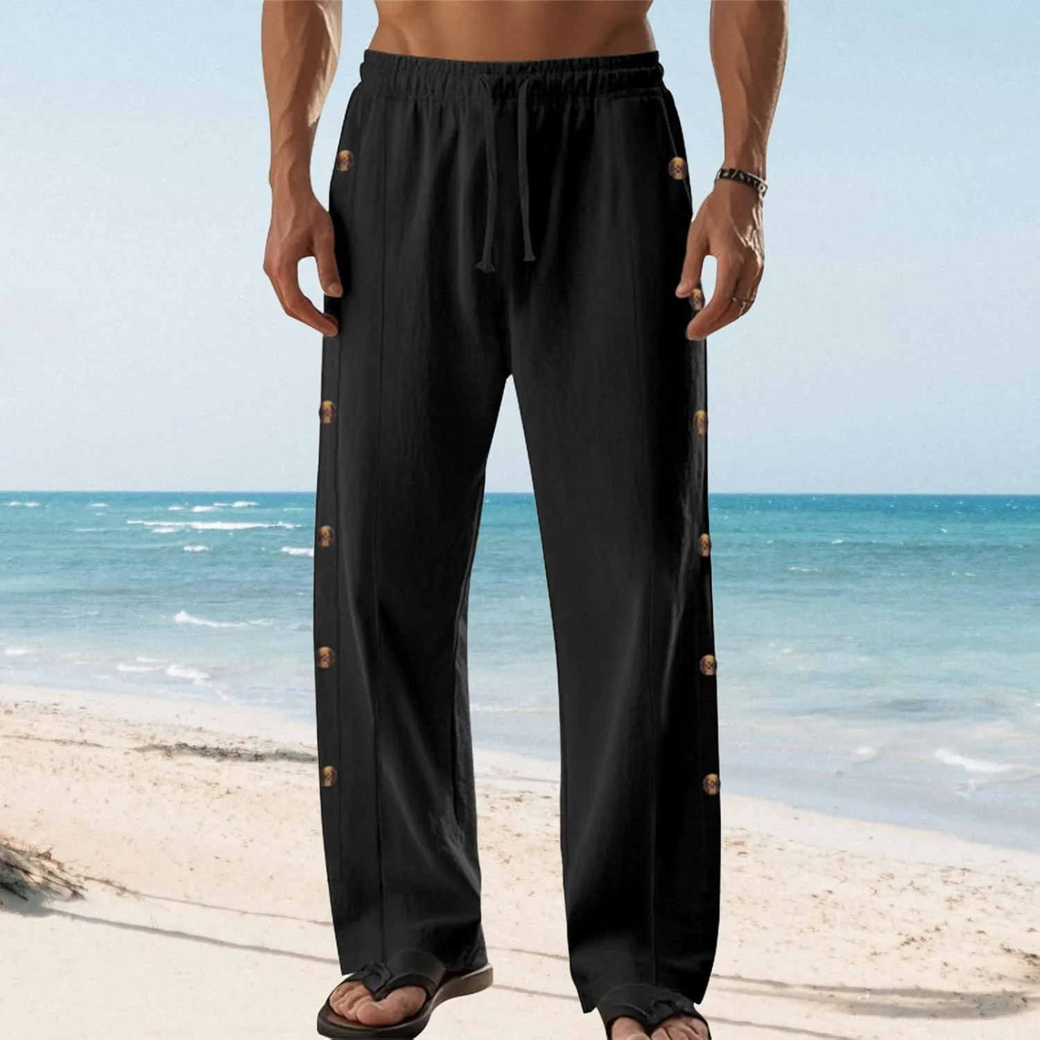 Casual Linen Pants for Men Side Button Elastic Waist Trousers Drawstring Open Bottom Pants Summer Baggy Thin Trousers