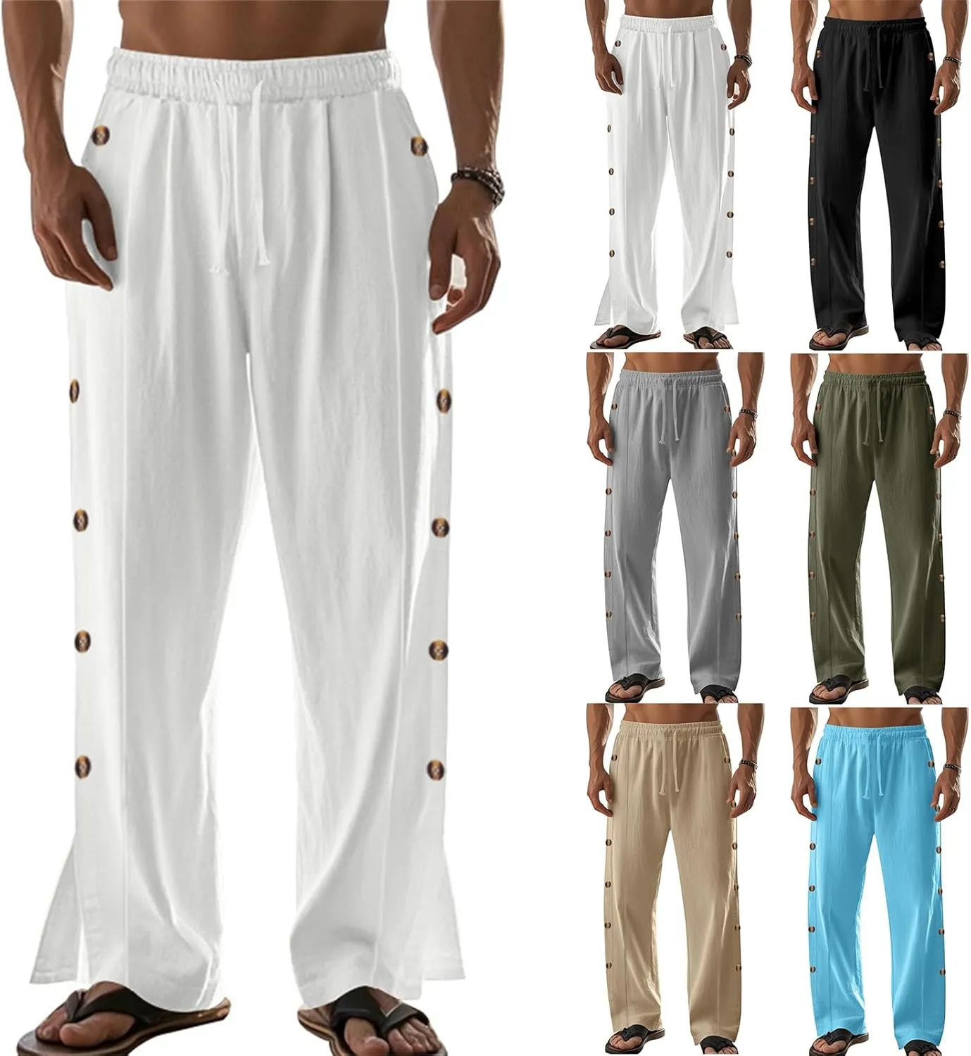 Casual Linen Pants for Men Side Button Elastic Waist Trousers Drawstring Open Bottom Pants Summer Baggy Thin Trousers
