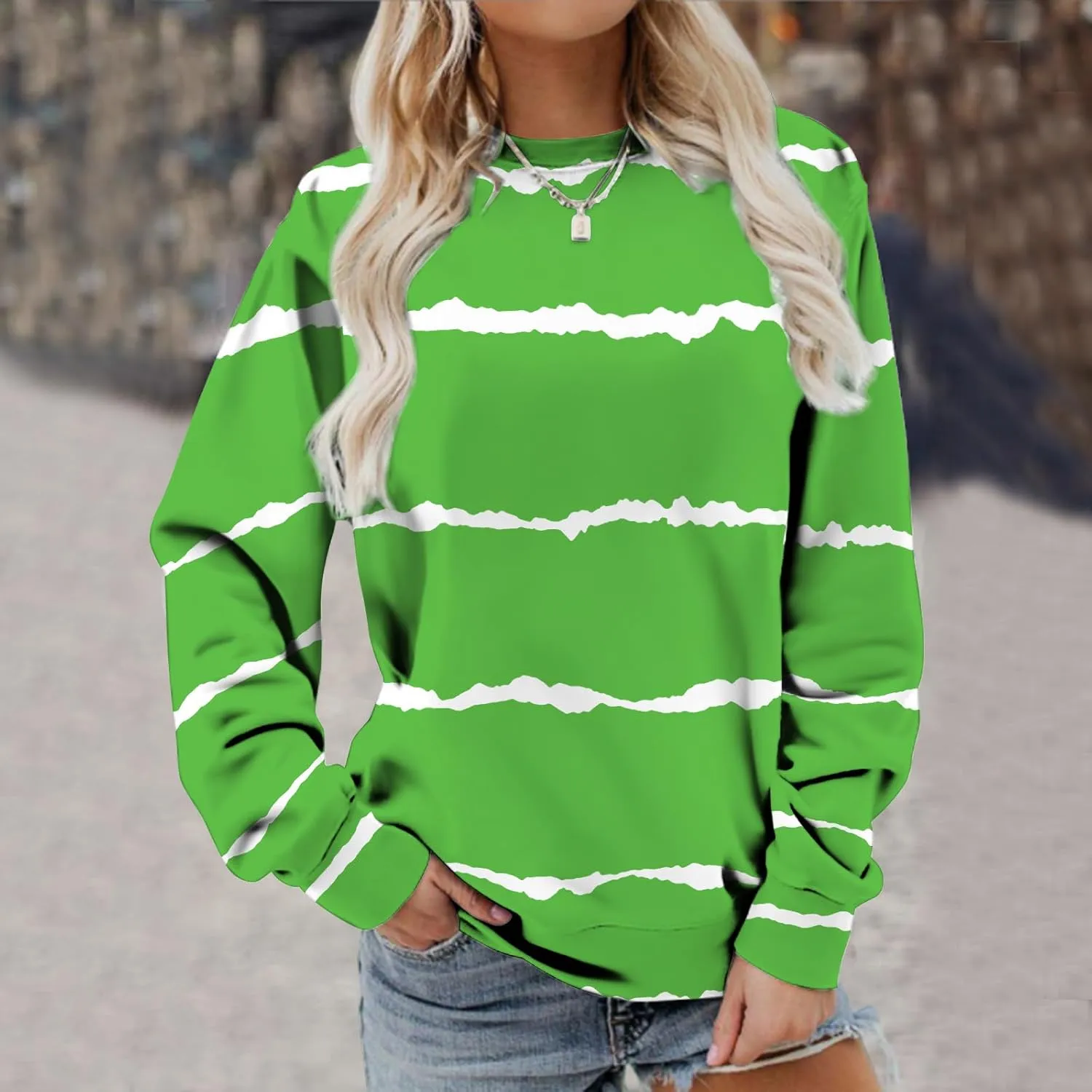 Ceboyel Womens Long Sleeve Shirts Striped Print Sweatshirt Crewneck Pullover Tops Trendy Casual Fall Clothes 2023