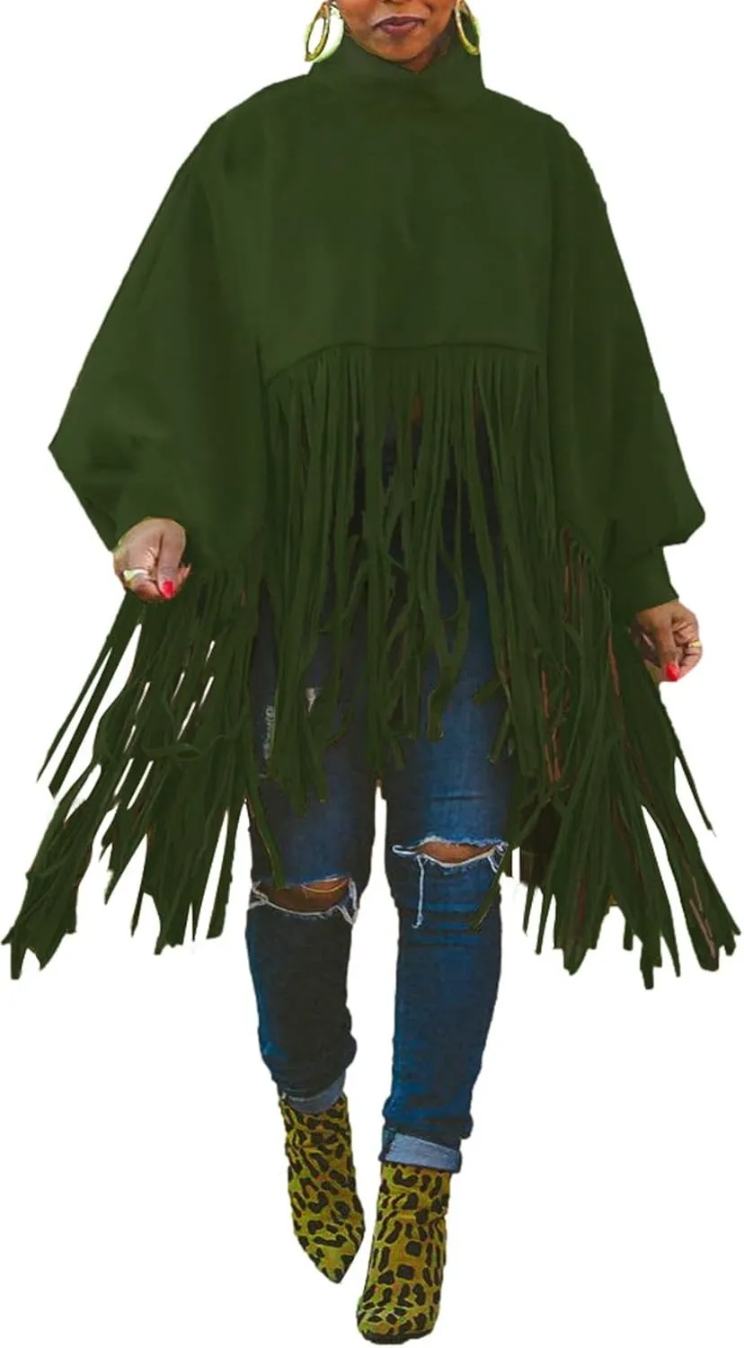 CHARTOU Women's Trendy Oversized High Neck Batwing Sleeve Tassel Fringe Wool Pullover Sweatshirt
