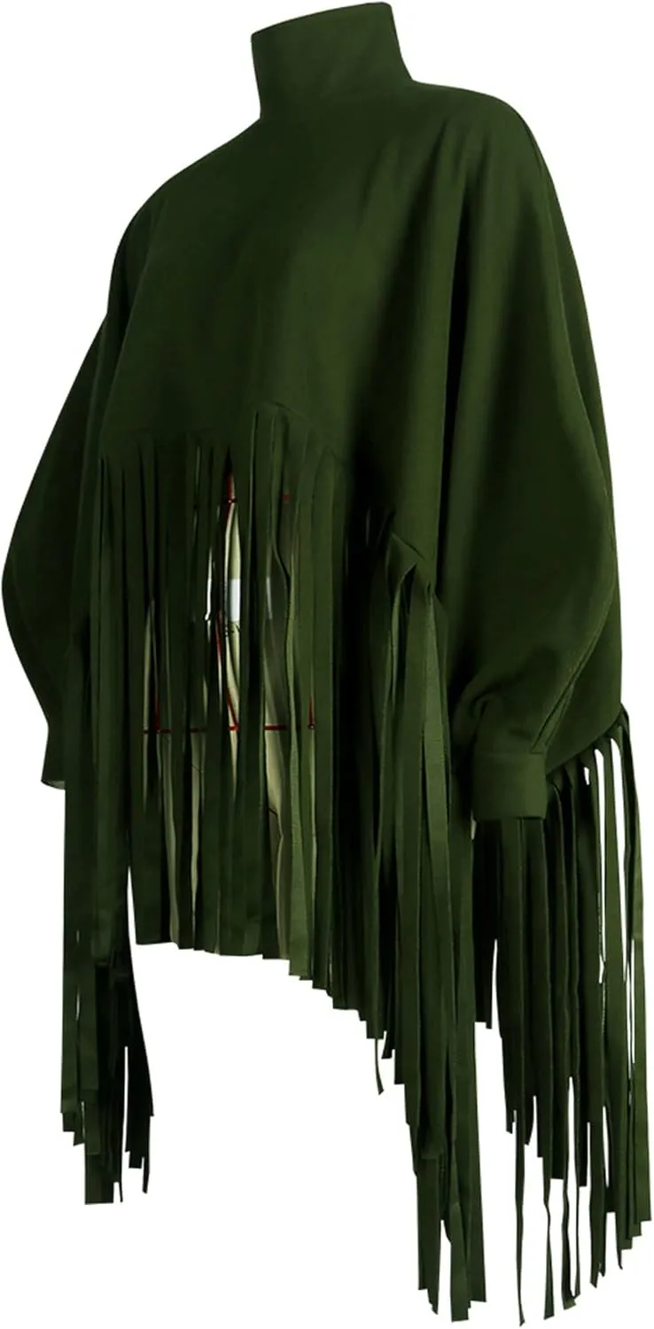 CHARTOU Women's Trendy Oversized High Neck Batwing Sleeve Tassel Fringe Wool Pullover Sweatshirt