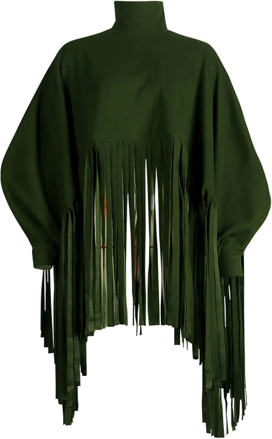 CHARTOU Women's Trendy Oversized High Neck Batwing Sleeve Tassel Fringe Wool Pullover Sweatshirt