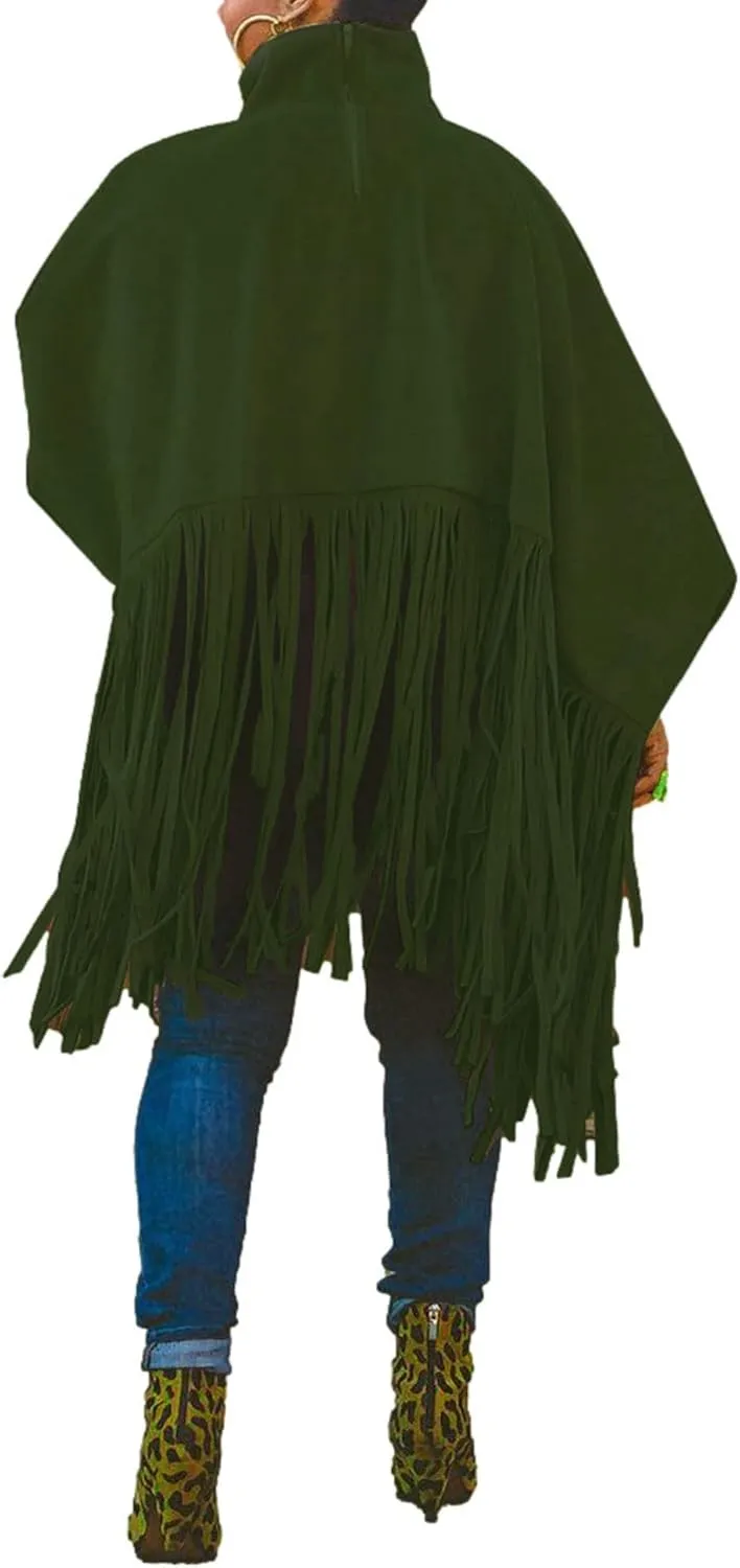 CHARTOU Women's Trendy Oversized High Neck Batwing Sleeve Tassel Fringe Wool Pullover Sweatshirt