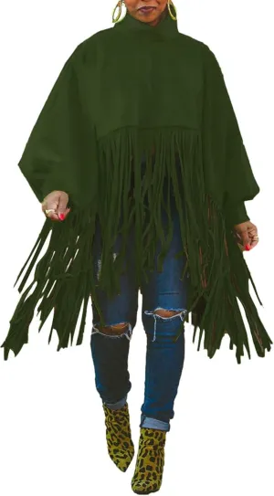 CHARTOU Women's Trendy Oversized High Neck Batwing Sleeve Tassel Fringe Wool Pullover Sweatshirt