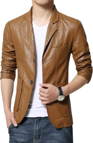 chouyatou Men's Stylish 2 Button Faux Leather Suit Blazer Jacket Sport Coat