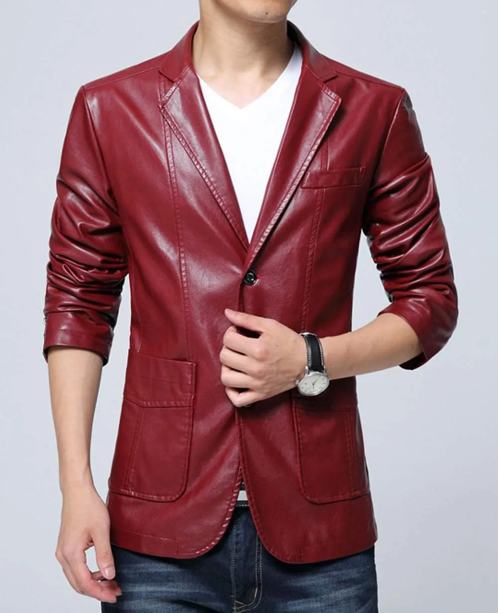 chouyatou Men's Stylish 2 Button Faux Leather Suit Blazer Jacket Sport Coat
