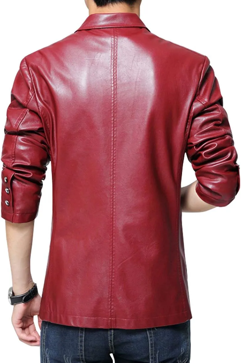chouyatou Men's Stylish 2 Button Faux Leather Suit Blazer Jacket Sport Coat