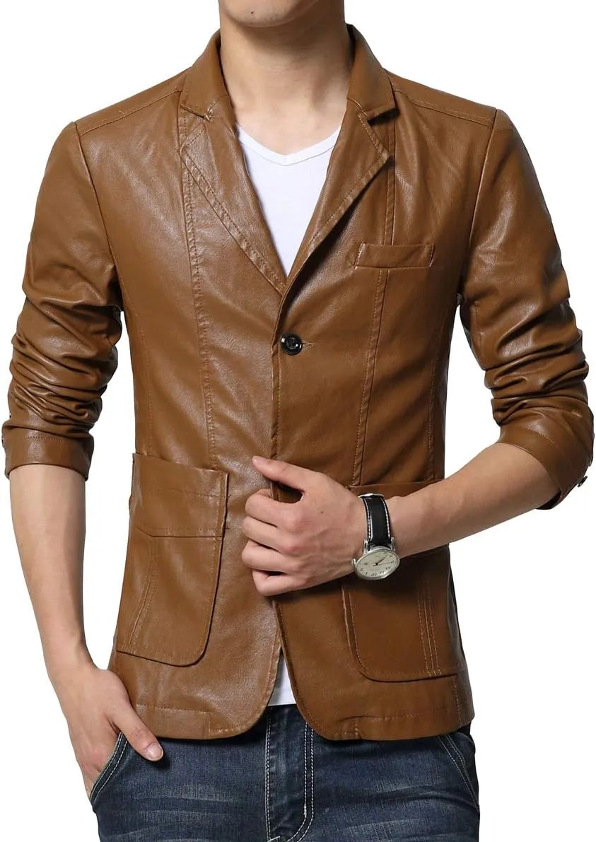 chouyatou Men's Stylish 2 Button Faux Leather Suit Blazer Jacket Sport Coat