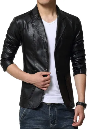 chouyatou Men's Stylish 2 Button Faux Leather Suit Blazer Jacket Sport Coat