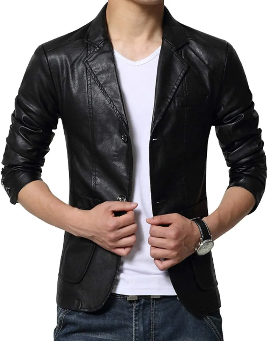 chouyatou Men's Stylish 2 Button Faux Leather Suit Blazer Jacket Sport Coat