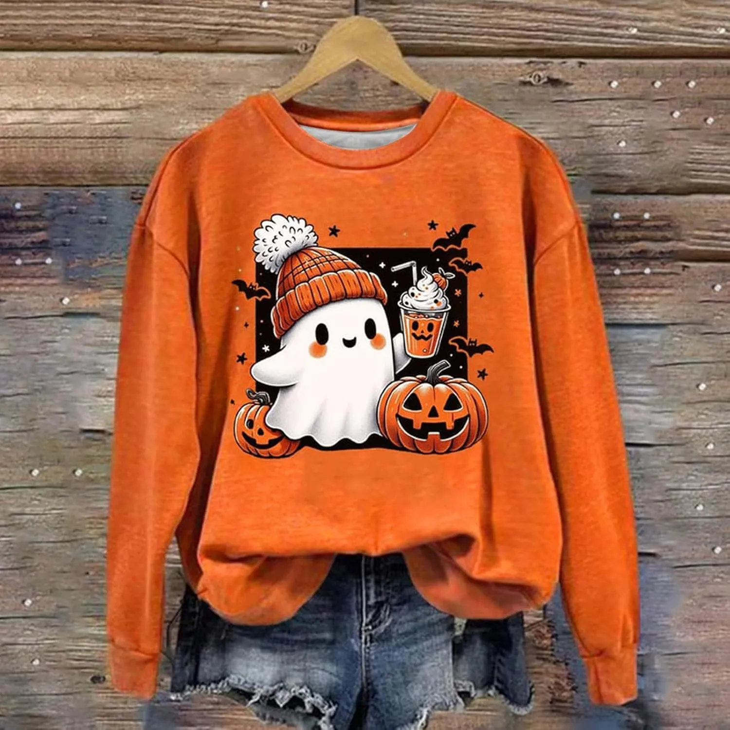 Christmas Halloween Sweatshirts For Women Pumpkin Ghost Pullover Sweater Cute Trendy Sweatshirt Funny Graphic Clothes
