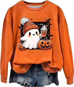 Christmas Halloween Sweatshirts For Women Pumpkin Ghost Pullover Sweater Cute Trendy Sweatshirt Funny Graphic Clothes