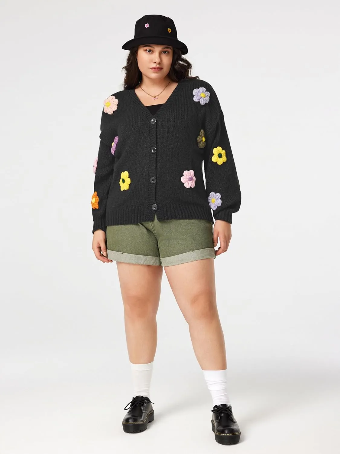 CIDER Womens Floral Cropped Cardigan Cute Flower V Neck Button Down Trendy Sweater